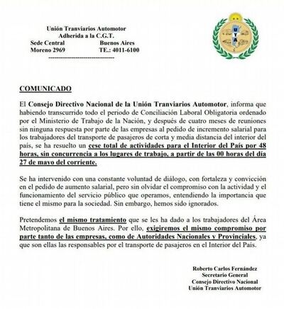 Reclamos salariales: La UTA anunció un paro de colectivos de 48 horas en el interior del país