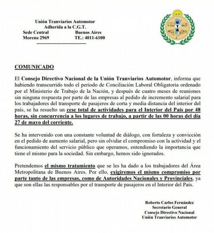 Reclamos salariales: La UTA anunció un paro de colectivos de 48 horas en el interior del país